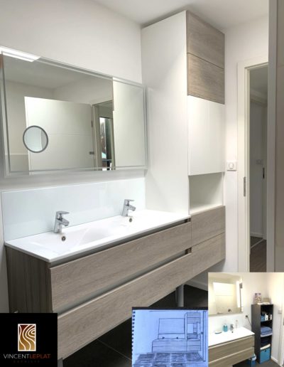 Modernisation d'un meuble de salle de bain sur mesure blanc et bois